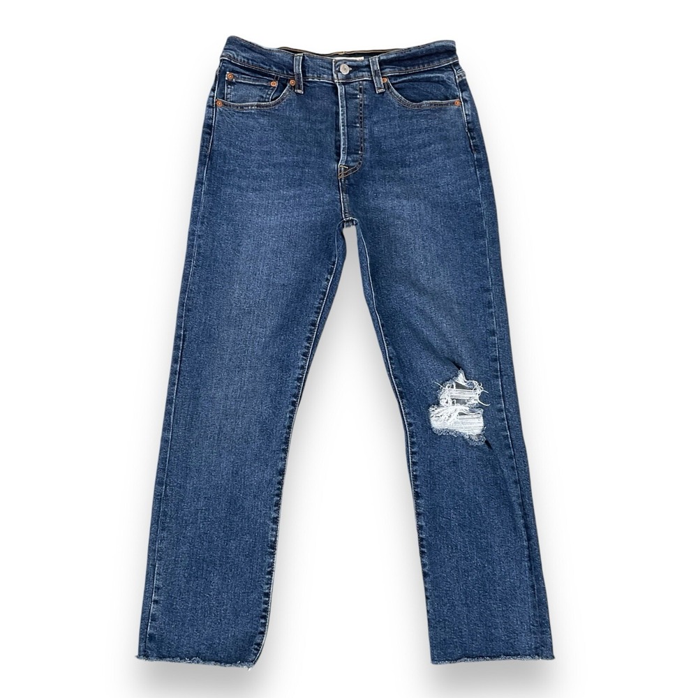 Levis Jeans Women 30x25.5 Blue Wedgie Straight Raw Cuffs Button Fly Stretch